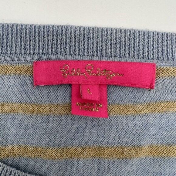 Lilly Pulitzer Cobo boxy Sweater Sz L Heathered Crew Blue Coastal Shell Striped - Picture 2 of 3